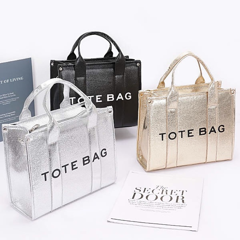 Shimmery Metallic Tote Bag - Black, Silver, Gold